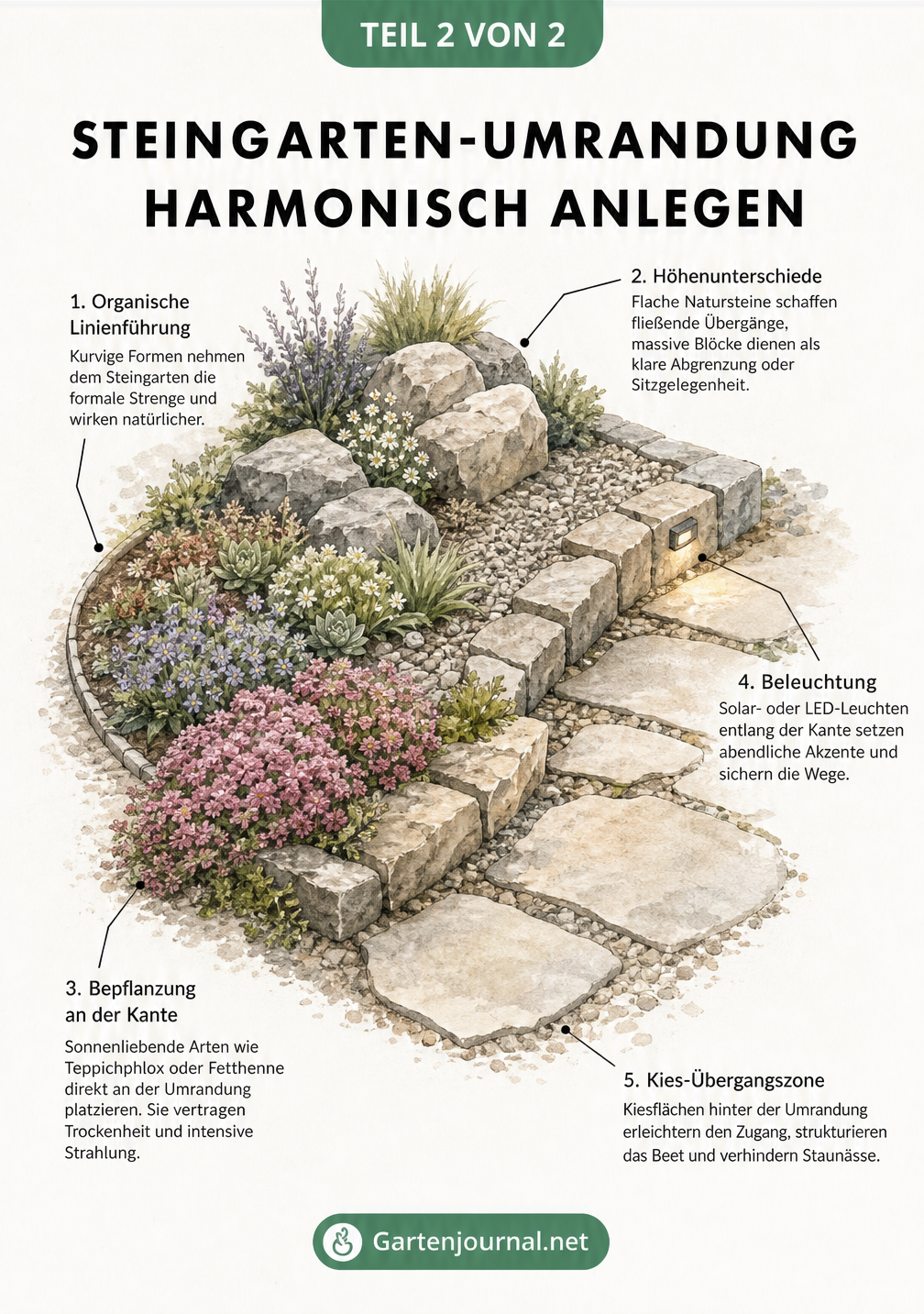 Isometrische Skizze eines Steingartens mit geschwungener Beetkante, Höhenunterschieden, Bepflanzung, Beleuchtung und Kies-Übergangszone