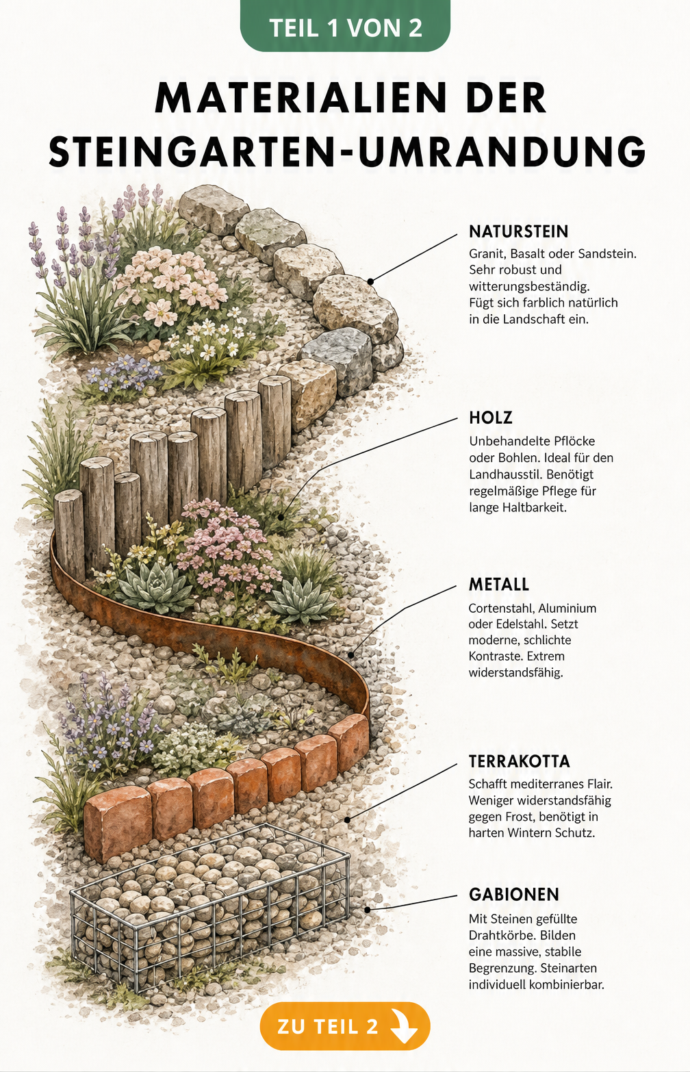 Aquarell-Zeichnung einer Steingarten-Umrandung mit verschiedenen Materialien wie Naturstein, Holz, Metall, Terrakotta und Gabionen