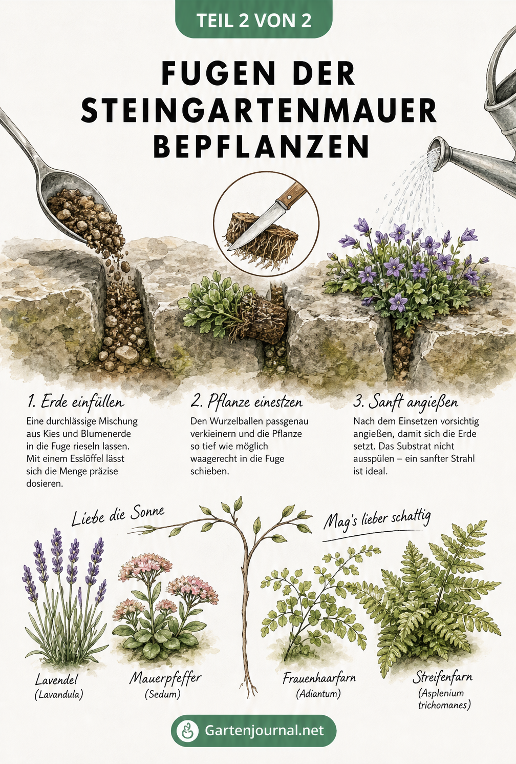 Illustration zur Bepflanzung der Fugen einer Steingartenmauer mit Erde, Pflanzen und Gießkanne