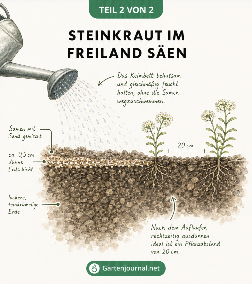 Querschnittszeichnung eines Gartenbodens mit Steinkrautsamen, Sandmischung und Bewässerung