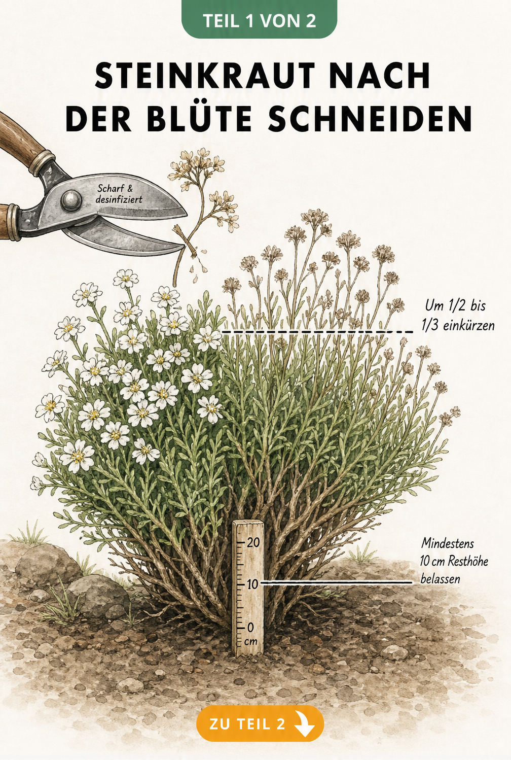 Botanische Illustration eines Steinkrauts, das nach der Blüte mit einer Gartenschere um ein Drittel bis zur Hälfte zurückgeschnitten wird.