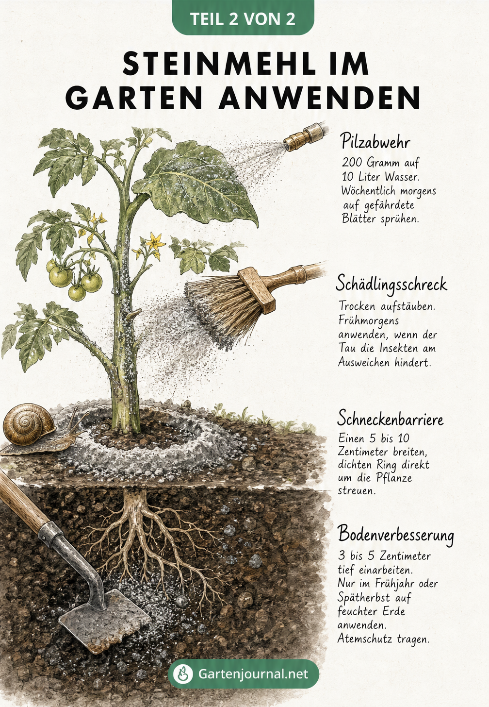 Querschnitt eines Gartenbeets, der die Anwendung von Steinmehl zeigt: Sprühen, Stäuben, Streuen und Einarbeiten