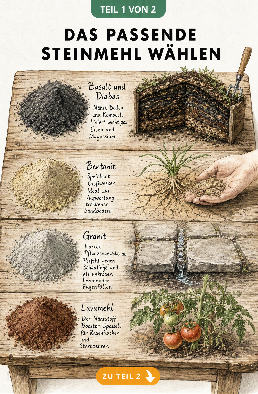 Illustration eines Pflanztisches mit vier verschiedenen Steinmehl-Arten: Basalt, Bentonit, Granit und Lavamehl