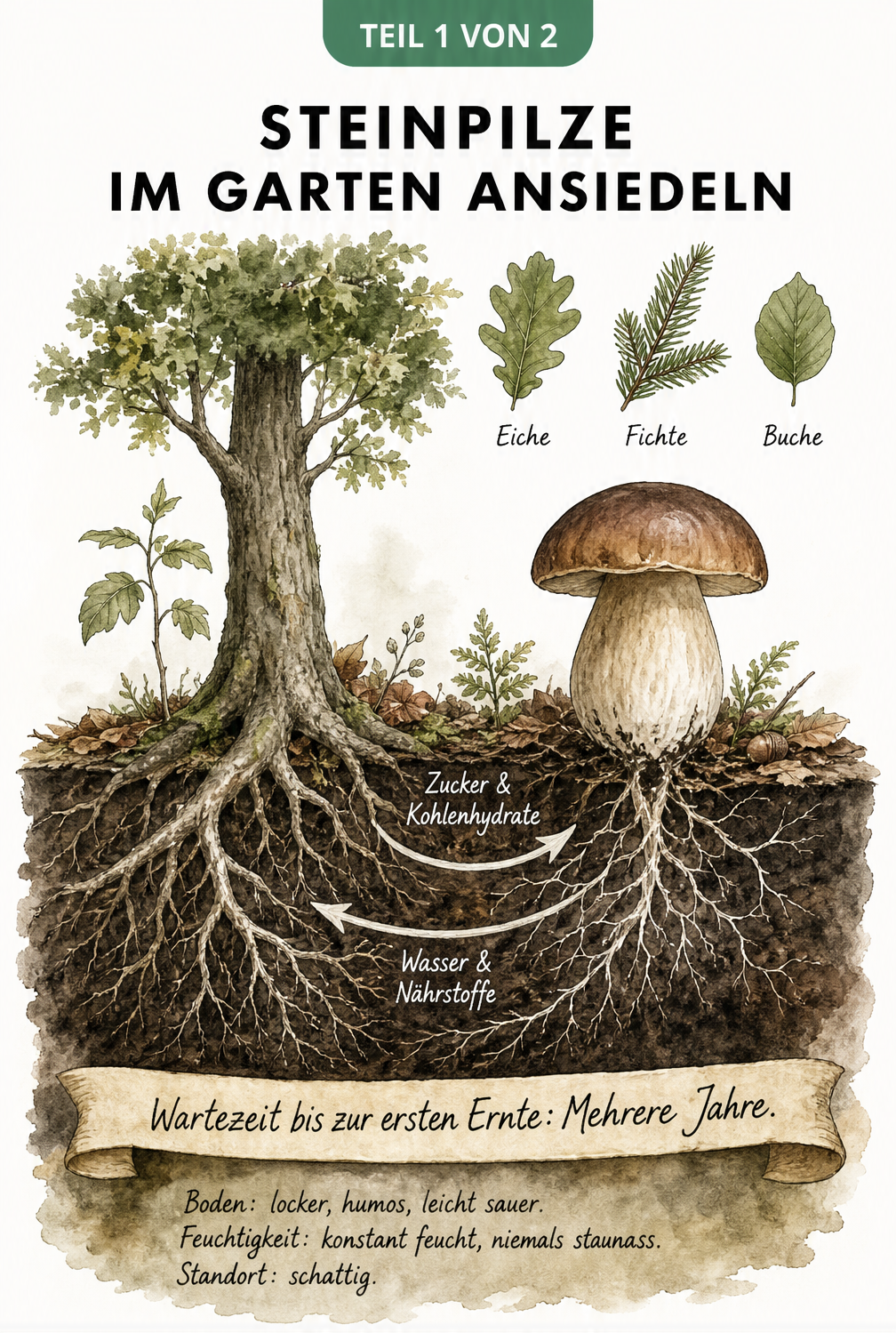 Botanische Schnittdarstellung eines Waldbodens mit Baumwurzeln, Steinpilz und Mykorrhiza-Symbiose