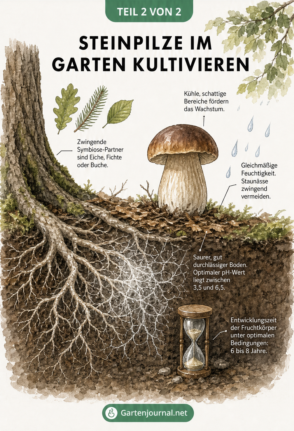 Querschnitt durch den Waldboden mit Baumwurzeln, Myzel und einem wachsenden Steinpilz sowie Anbaubedingungen