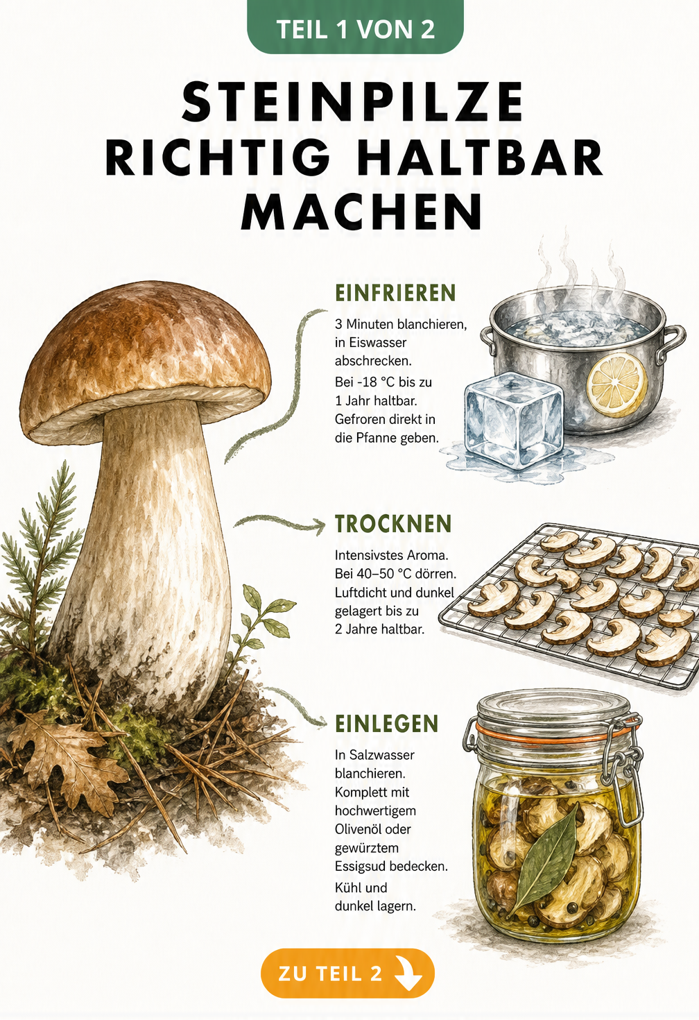 Illustration von drei Methoden, um Steinpilze haltbar zu machen: Einfrieren, Trocknen und Einlegen.