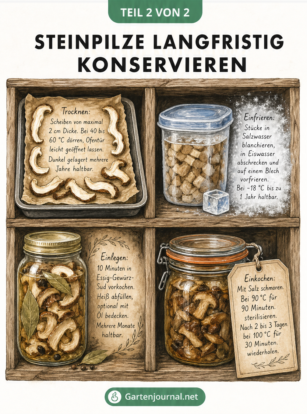 Illustration von vier Methoden zur Konservierung von Steinpilzen: Trocknen, Einfrieren, Einlegen und Einkochen.