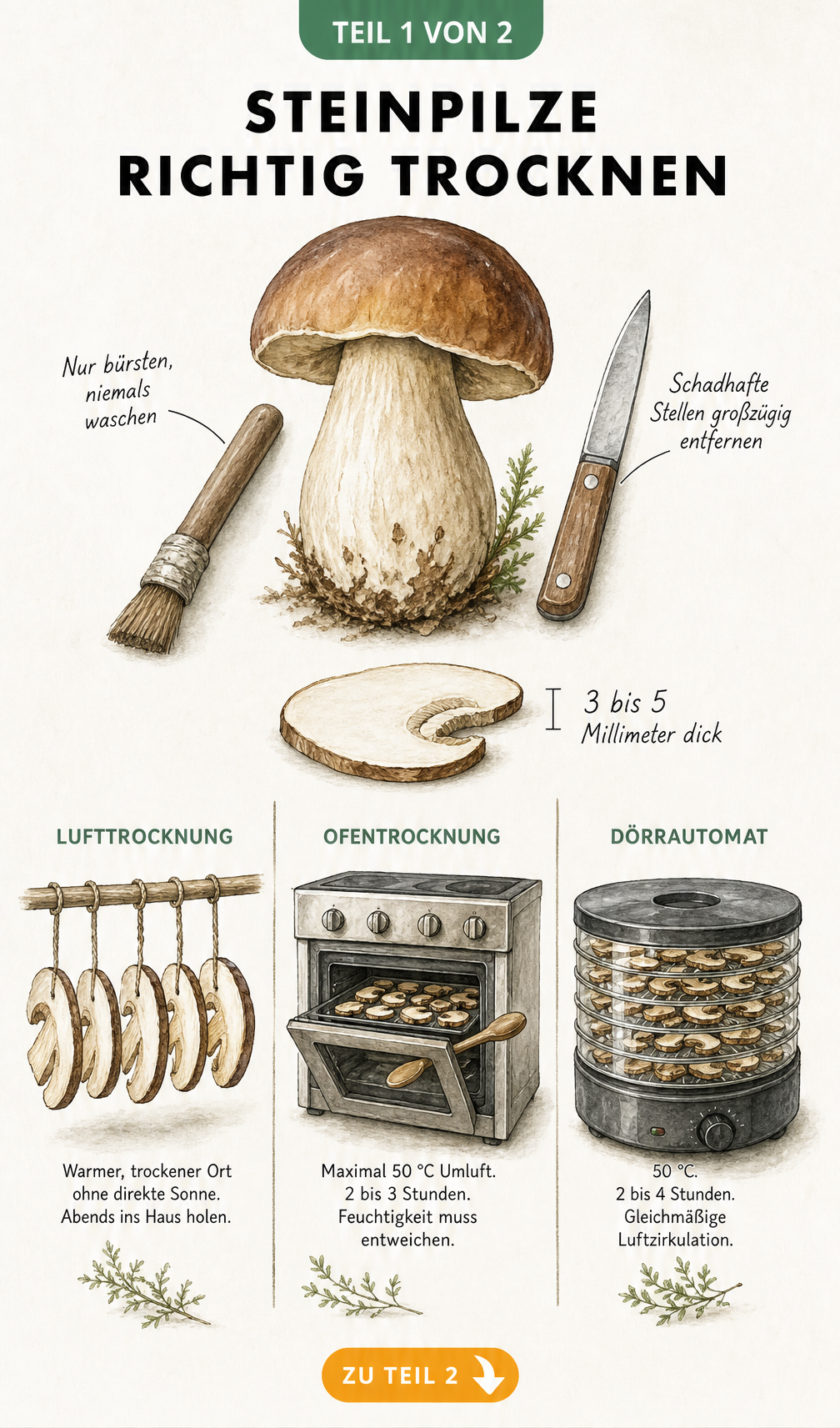 Illustration eines frischen Steinpilzes mit Pinsel und Messer sowie drei Trocknungsmethoden: Lufttrocknung, Backofen und Dörrautomat.