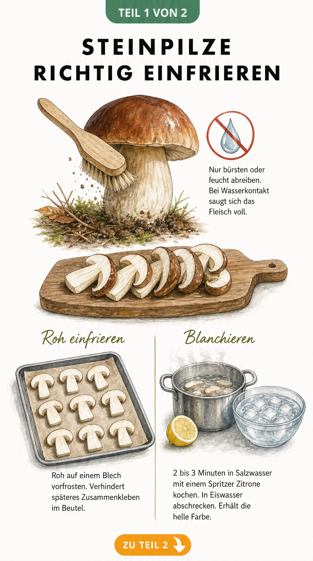 Illustration von Steinpilzen, die geputzt und entweder roh vorab eingefroren oder blanchiert werden.