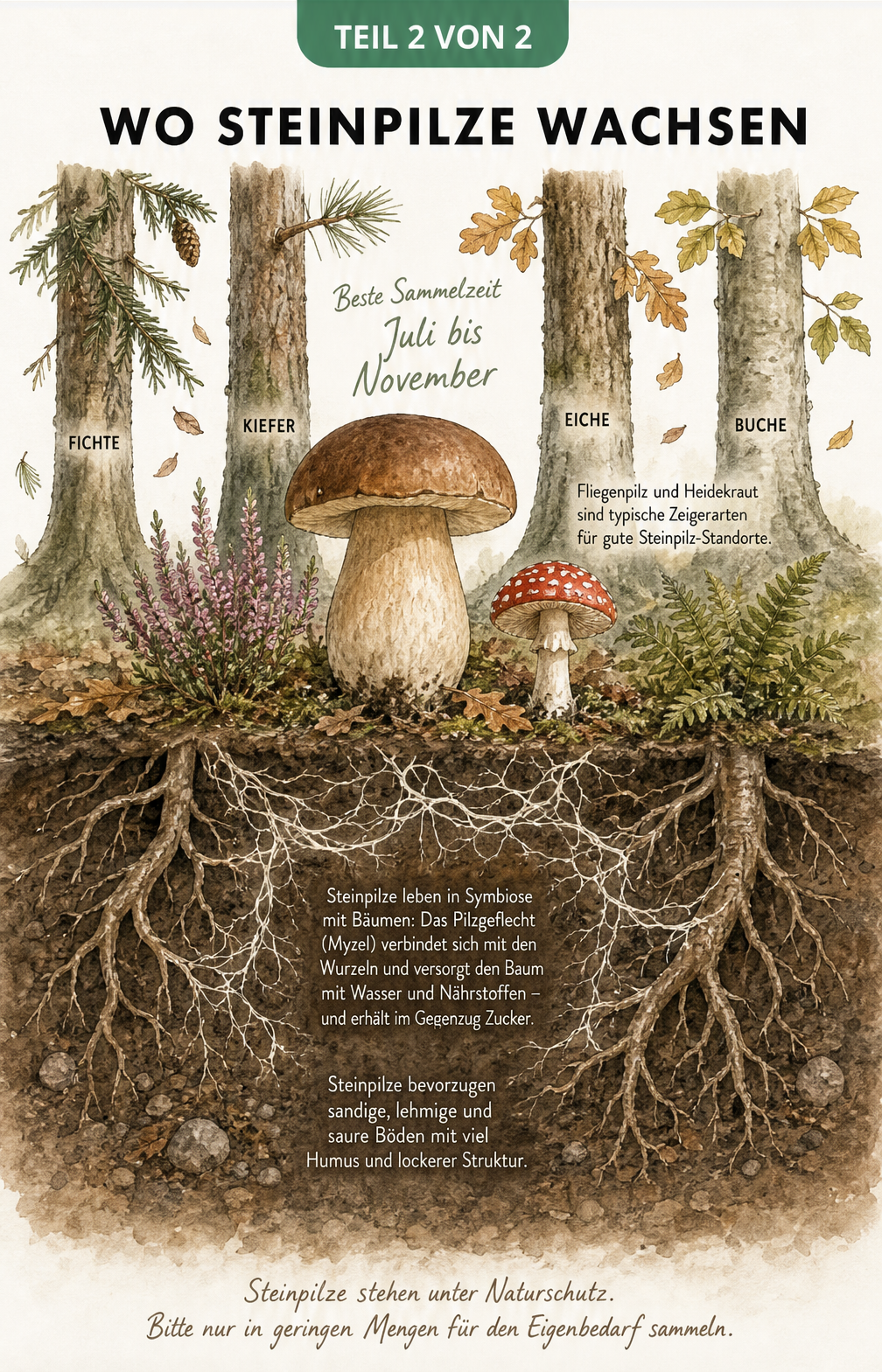 Querschnitt eines Waldbodens, der die Symbiose von Steinpilzen mit Bäumen wie Fichte, Kiefer, Eiche und Buche zeigt.
