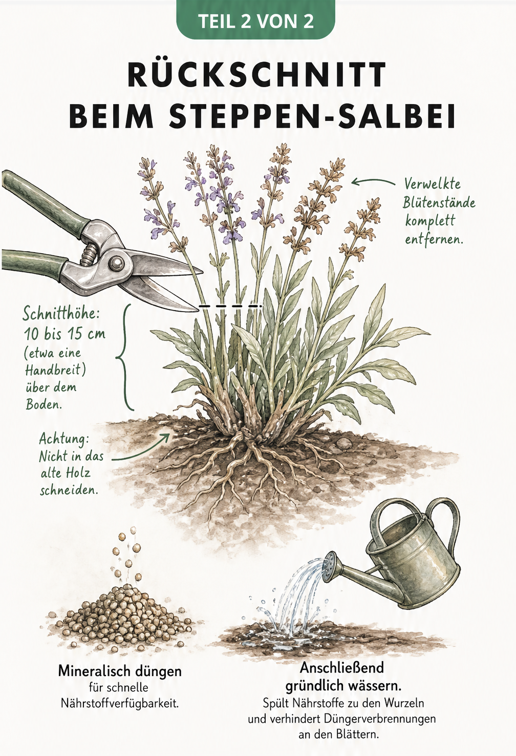 Detailzeichnung eines verblühten Steppen-Salbeis mit Gartenschere, die den Rückschnitt auf 10 bis 15 cm Höhe zeigt
