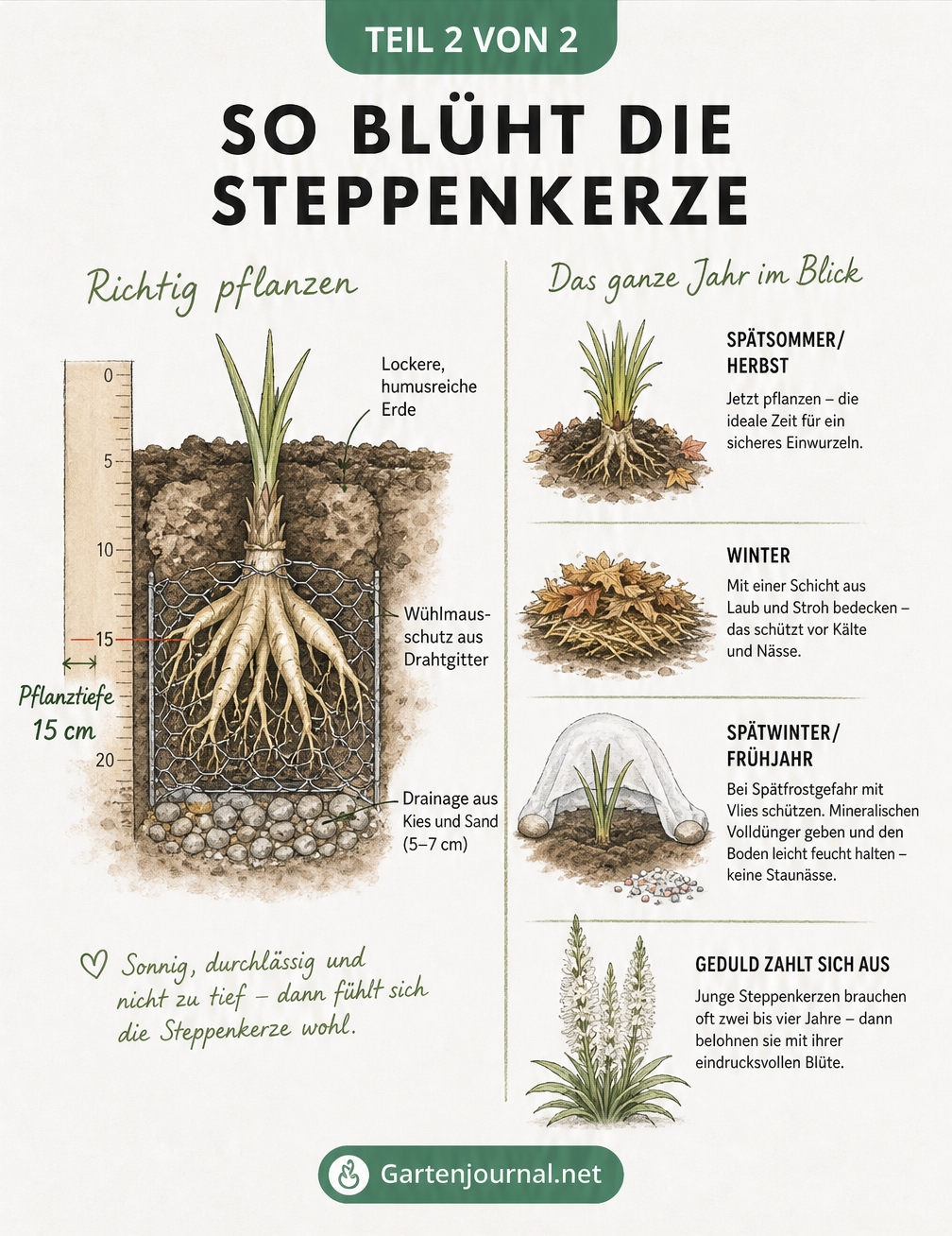 Schaubild zur optimalen Pflanzung und Pflege der Steppenkerze im Jahresverlauf mit Drainage und Winterschutz