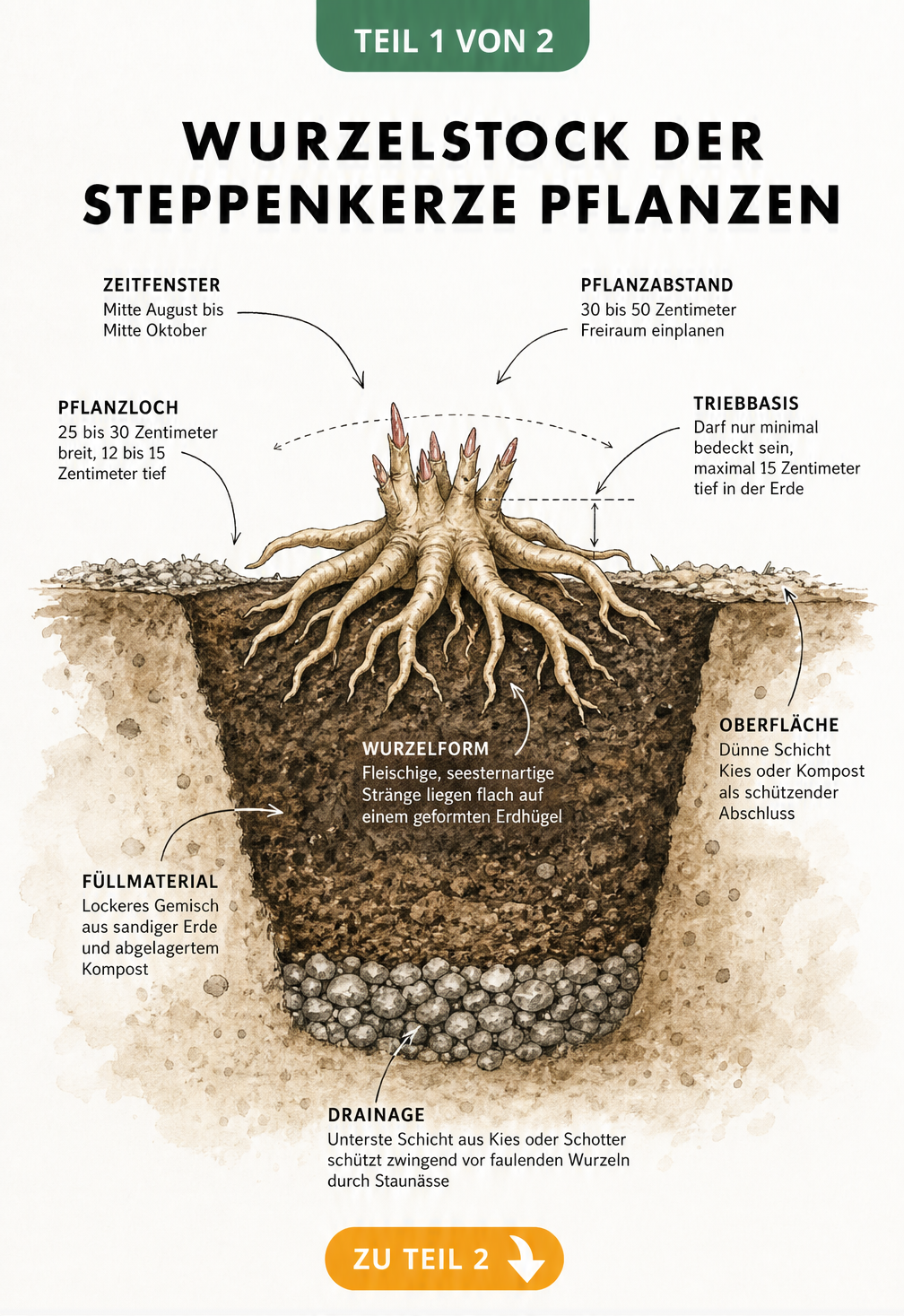Querschnitt durch den Erdboden mit dem seesternartigen Wurzelstock einer Steppenkerze im Pflanzloch