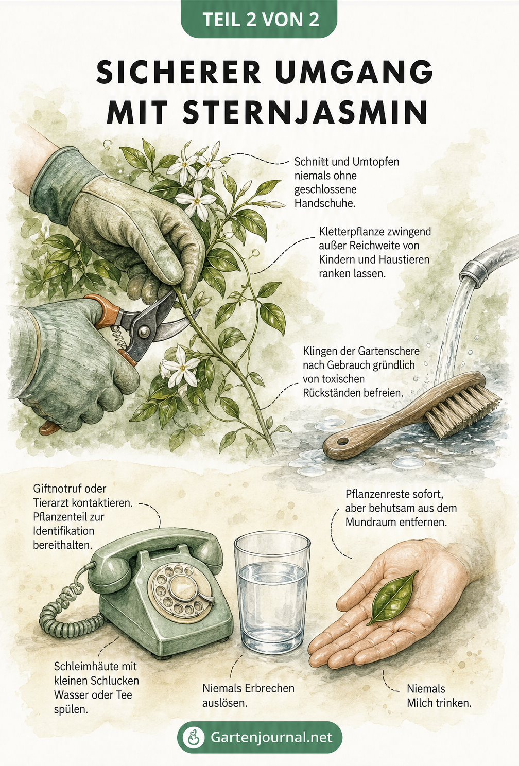 Illustration von Händen in Gartenhandschuhen beim Schneiden eines Sternjasmins sowie Erste-Hilfe-Utensilien wie Telefon und Wasserglas.