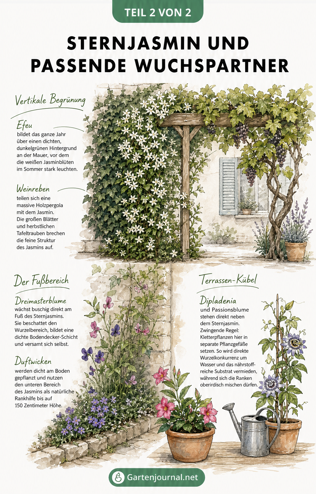 Querschnitt-Zeichnung einer Terrasse mit Sternjasmin und passenden Wuchspartnern im Beet, an der Mauer und im Kübel
