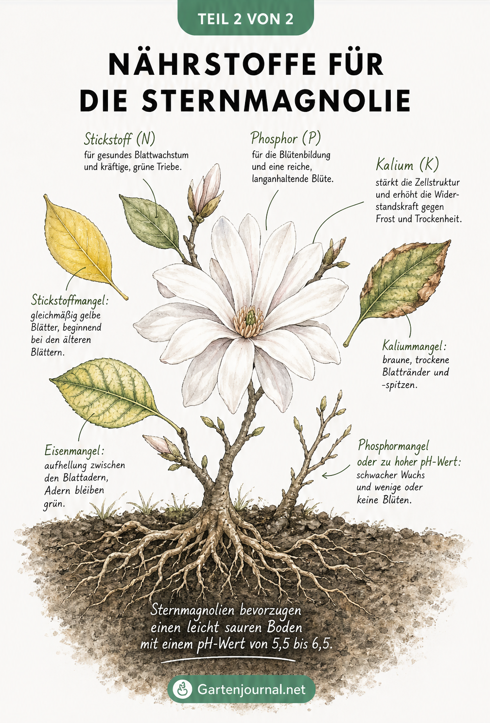 Nahaufnahme eines Sternmagnolien-Zweiges mit Blüte, Wurzelballen und Blättern, die Nährstoffmangel anzeigen