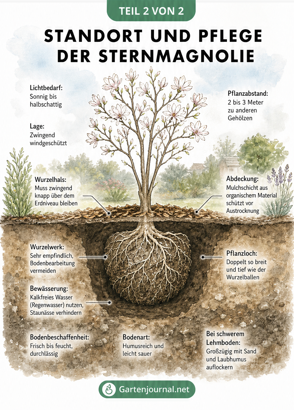 Querschnitt-Illustration zu Standort, Boden und Pflege der Sternmagnolie