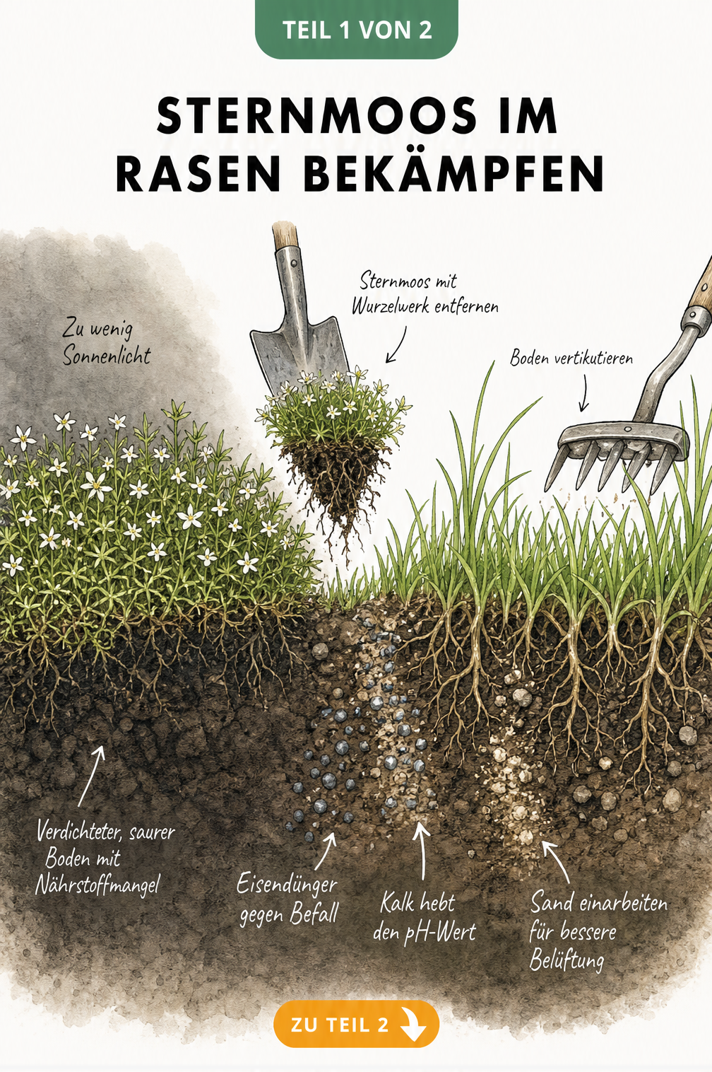 Querschnitt eines Rasens: Links wuchert Sternmoos auf verdichtetem Boden, rechts wächst gesundes Gras durch Vertikutieren und Düngen.