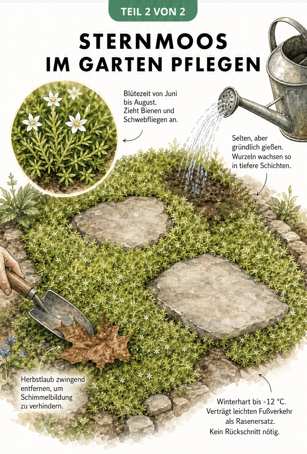 Aquarell-Grafik eines Gartenbeets mit Sternmoos, Trittsteinen, Gießkanne und Herbstlaub