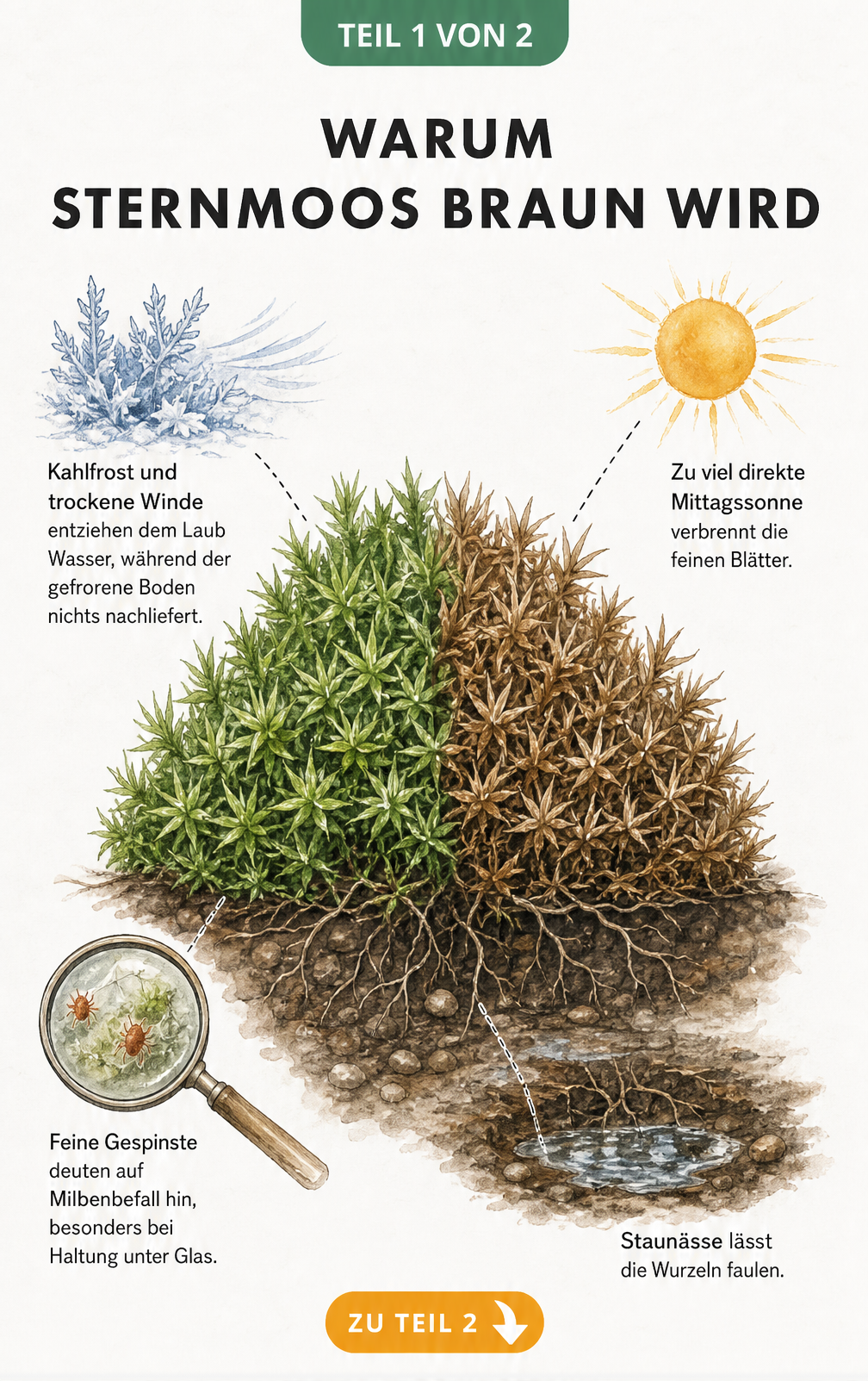 Illustration eines Sternmoos-Polsters im Querschnitt, das zur Hälfte braun ist, mit Erklärungen zu Sonnenbrand, Staunässe, Spinnmilben und Winterstress.