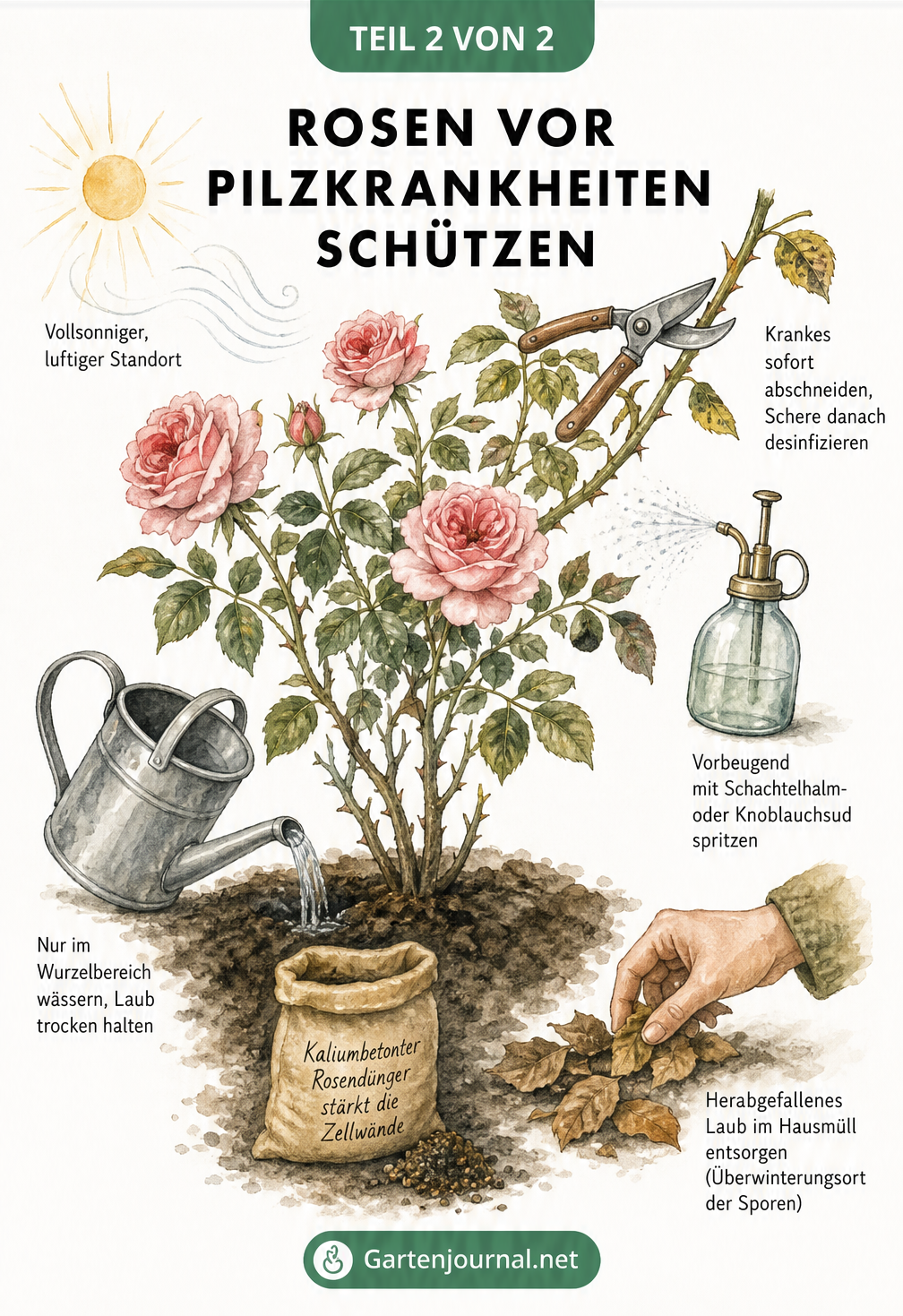 Botanische Illustration von Sternrußtau an einem Rosenblatt mit schwarzen Fruchtlagern