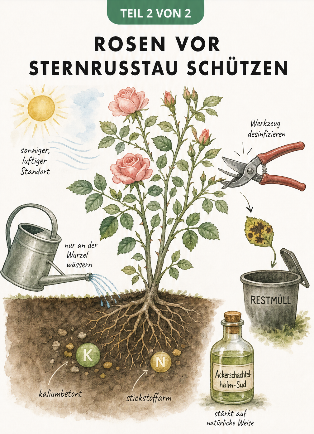 Illustration zur Vorbeugung von Sternrußtau: sonniger Standort, Wässern an der Wurzel, kaliumbetonte Düngung, desinfizierte Schere und Ackerschachtelhalm-Sud.
