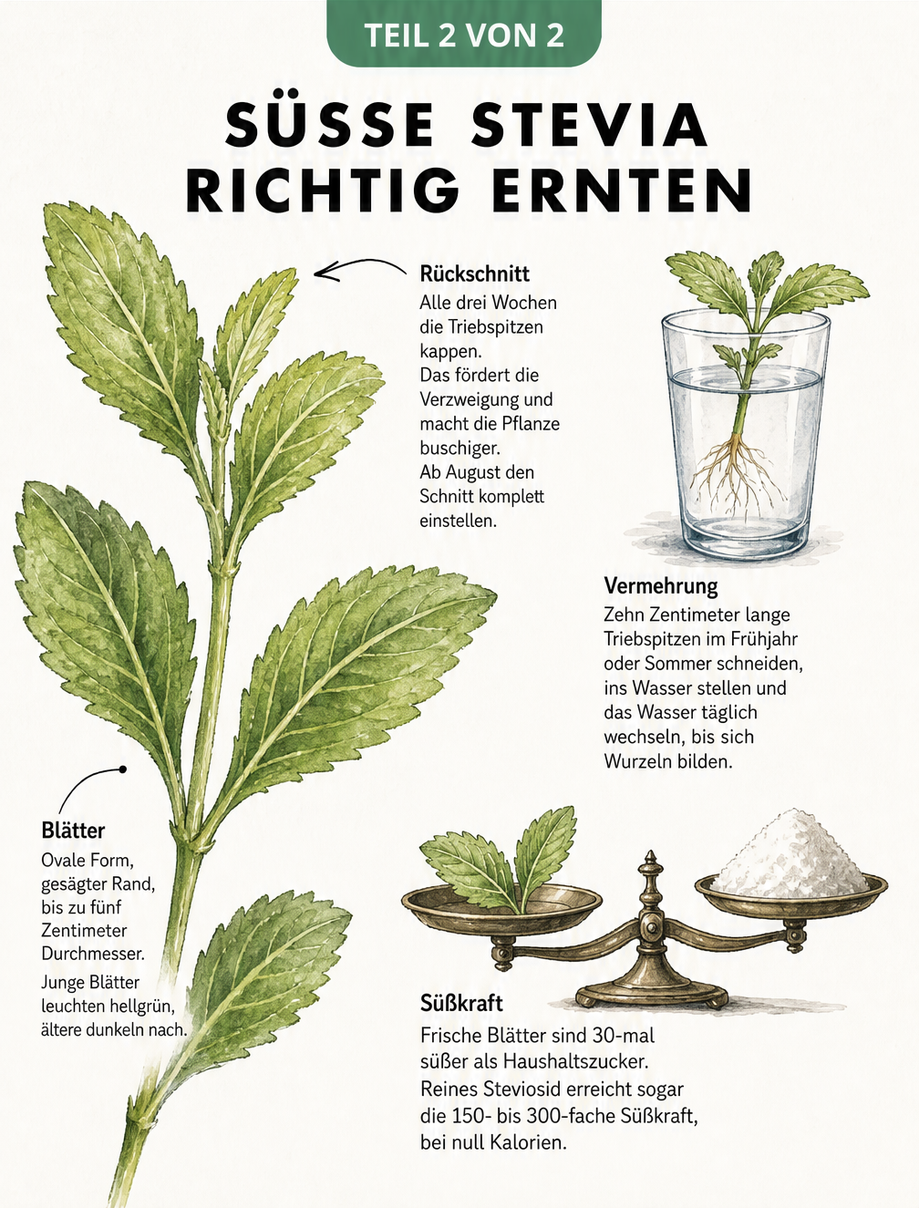 Illustration eines Stevia-Zweigs mit Erklärungen zu Blättern, Rückschnitt, Vermehrung im Wasserglas und Süßkraft im Vergleich zu Zucker