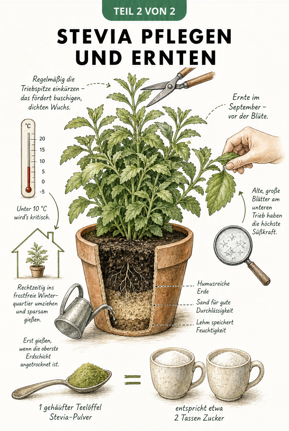Illustration einer ausgewachsenen Stevia-Pflanze im Topf mit Hinweisen zu Pflege, Ernte und Süßkraft