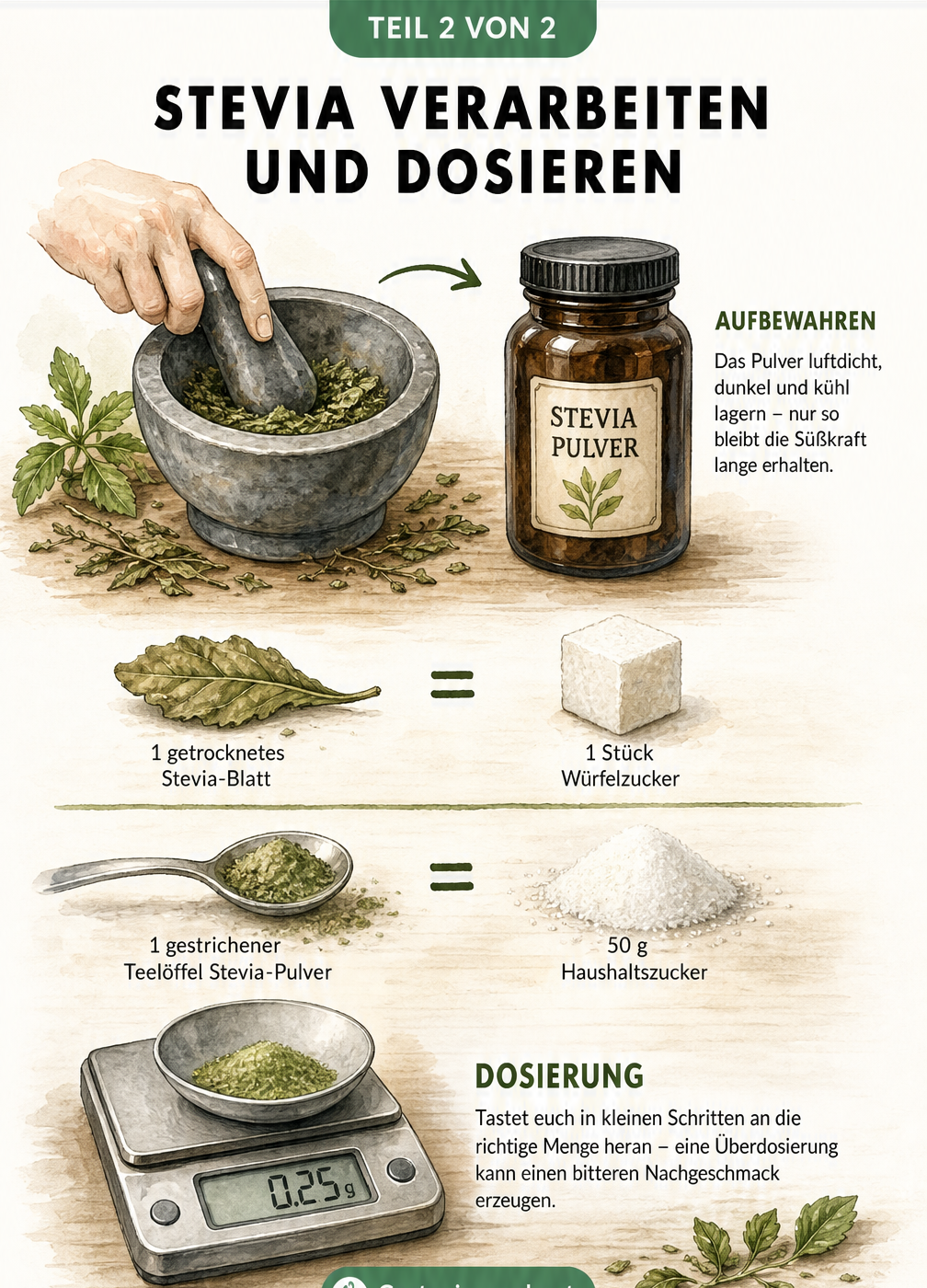 Illustration zur Verarbeitung von getrockneten Stevia-Blättern im Mörser zu Pulver und Darstellung der Dosierung im Vergleich zu Zucker.
