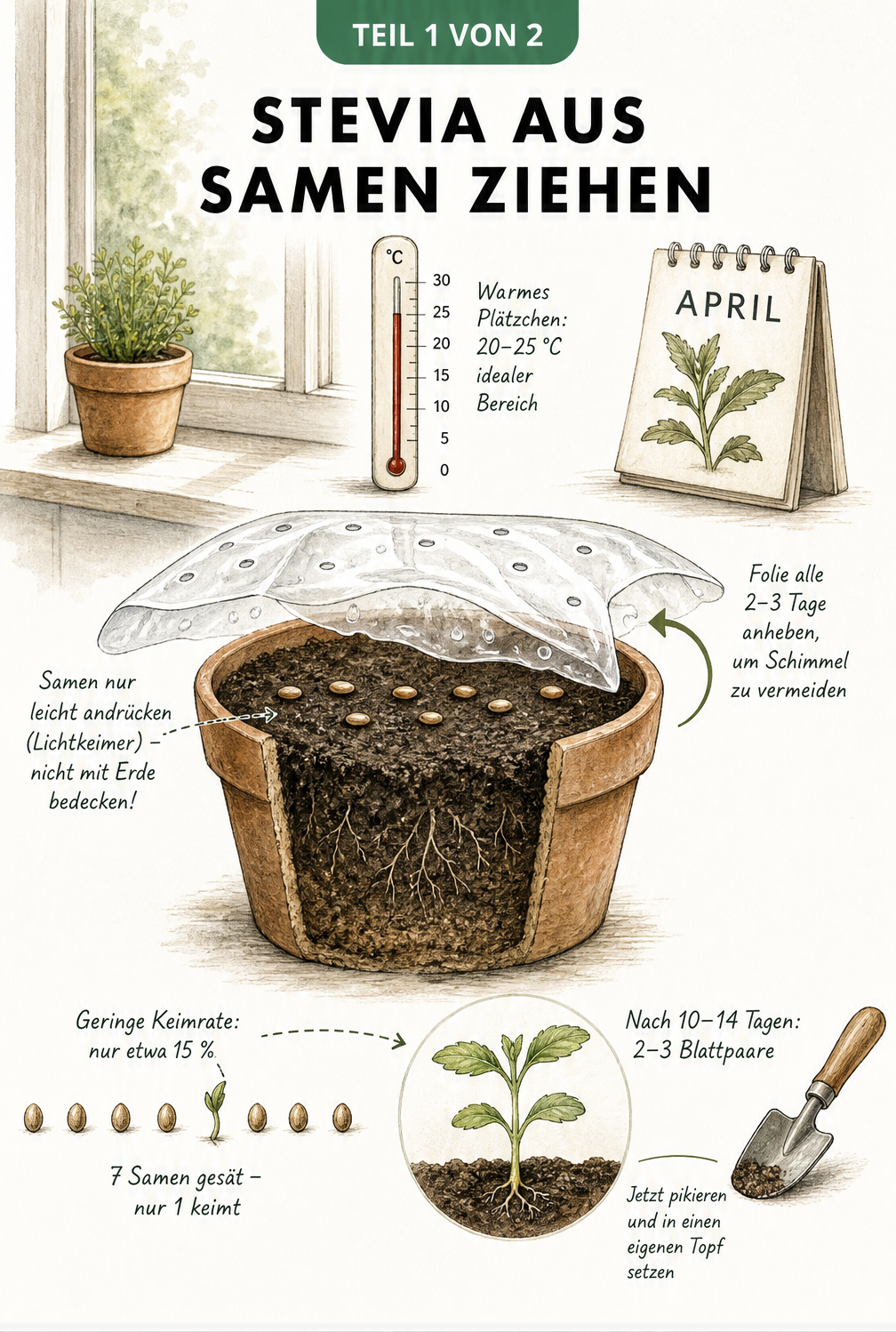 Botanische Illustration der Stevia-Aussaat im Topf mit Samen, Thermometer und Keimling