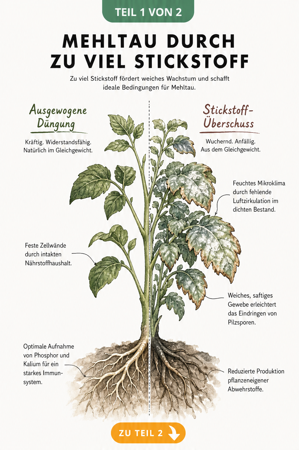 Botanische Illustration einer gesunden Pflanze im Vergleich zu einer Pflanze mit Stickstoff-Überdüngung und Mehltaubefall