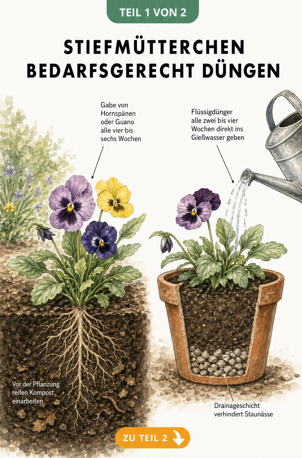 Illustration eines Stiefmütterchens im Beet und im Topf mit Hinweisen zur Düngung