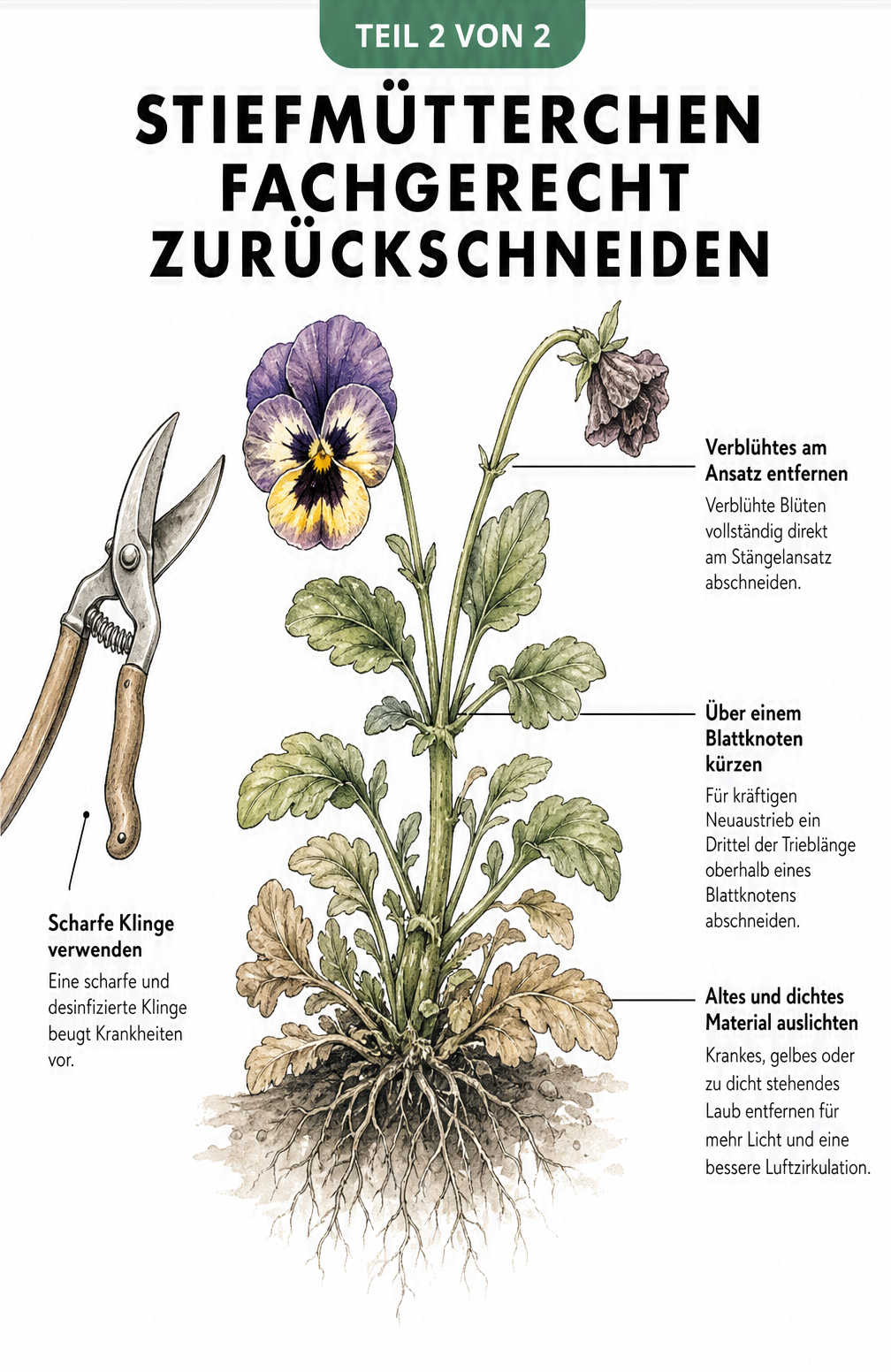 Detailzeichnung eines Stiefmütterchen-Triebes mit Anleitung zum fachgerechten Rückschnitt