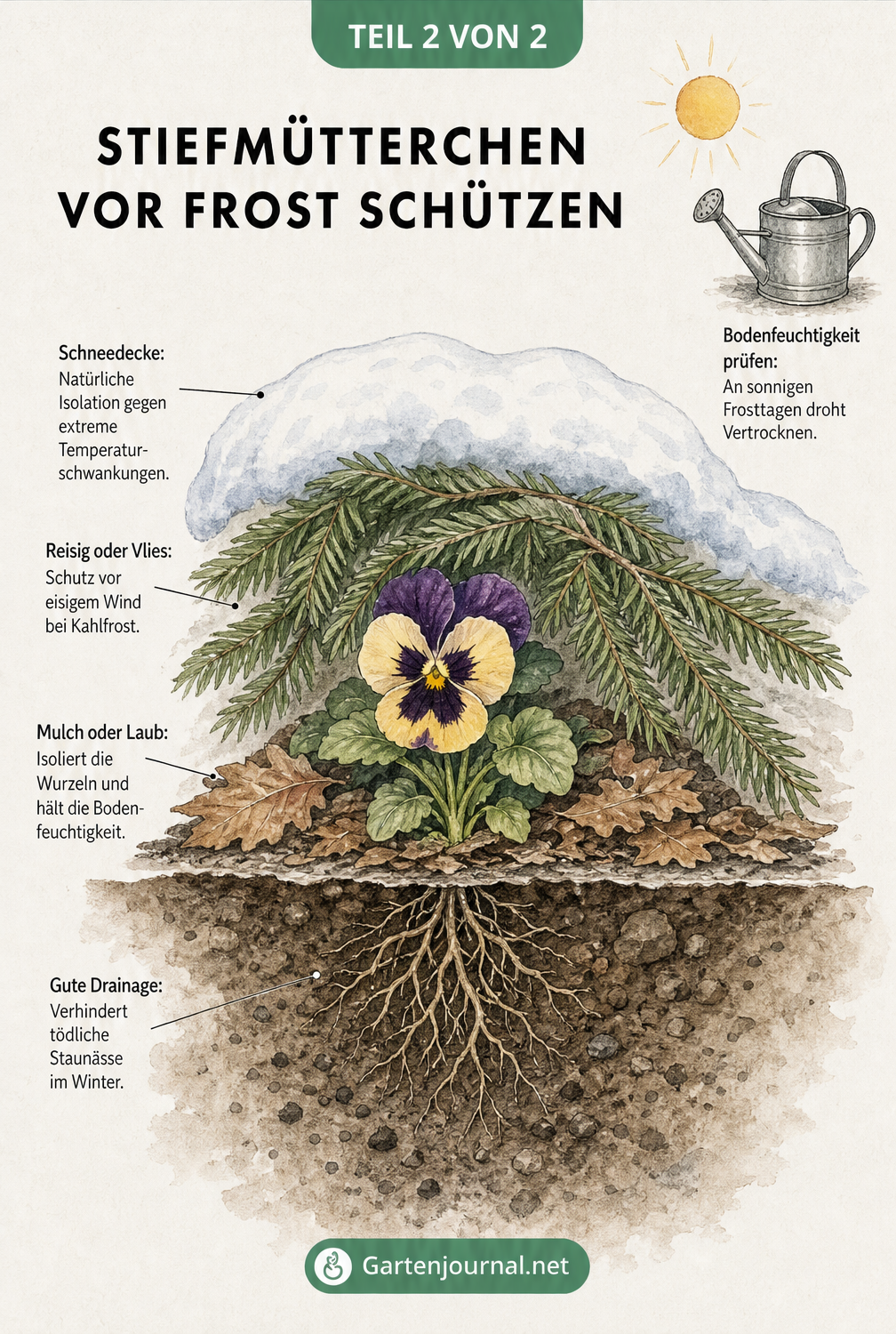 Querschnitt durch ein Gartenbeet im Winter, der zeigt, wie Schneedecke, Reisig, Mulch und gute Drainage Stiefmütterchen vor Frost schützen.