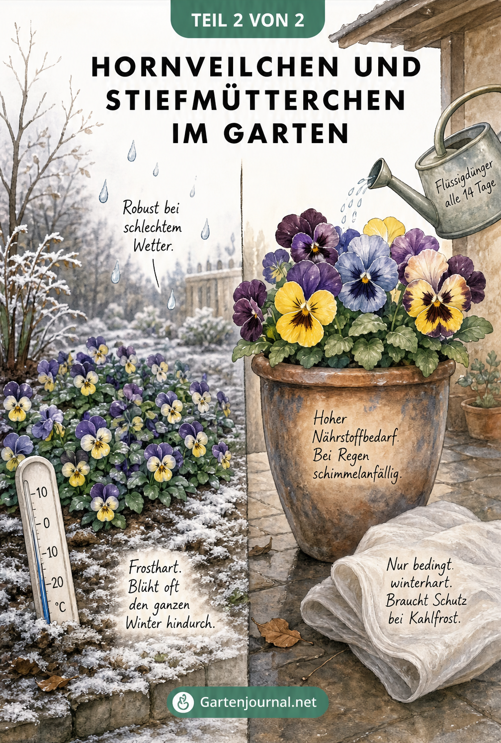 Aquarellierte Gartenszene mit frostharten Hornveilchen im Beet und Stiefmütterchen im geschützten Kübel