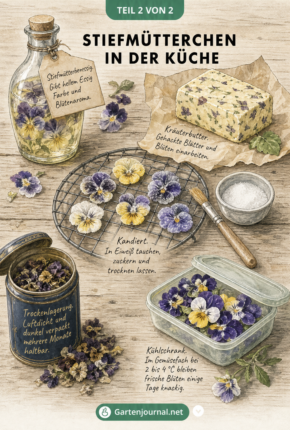 Illustration eines Holztisches mit Stiefmütterchenessig, Kräuterbutter, kandierten Blüten und Tipps zur Lagerung