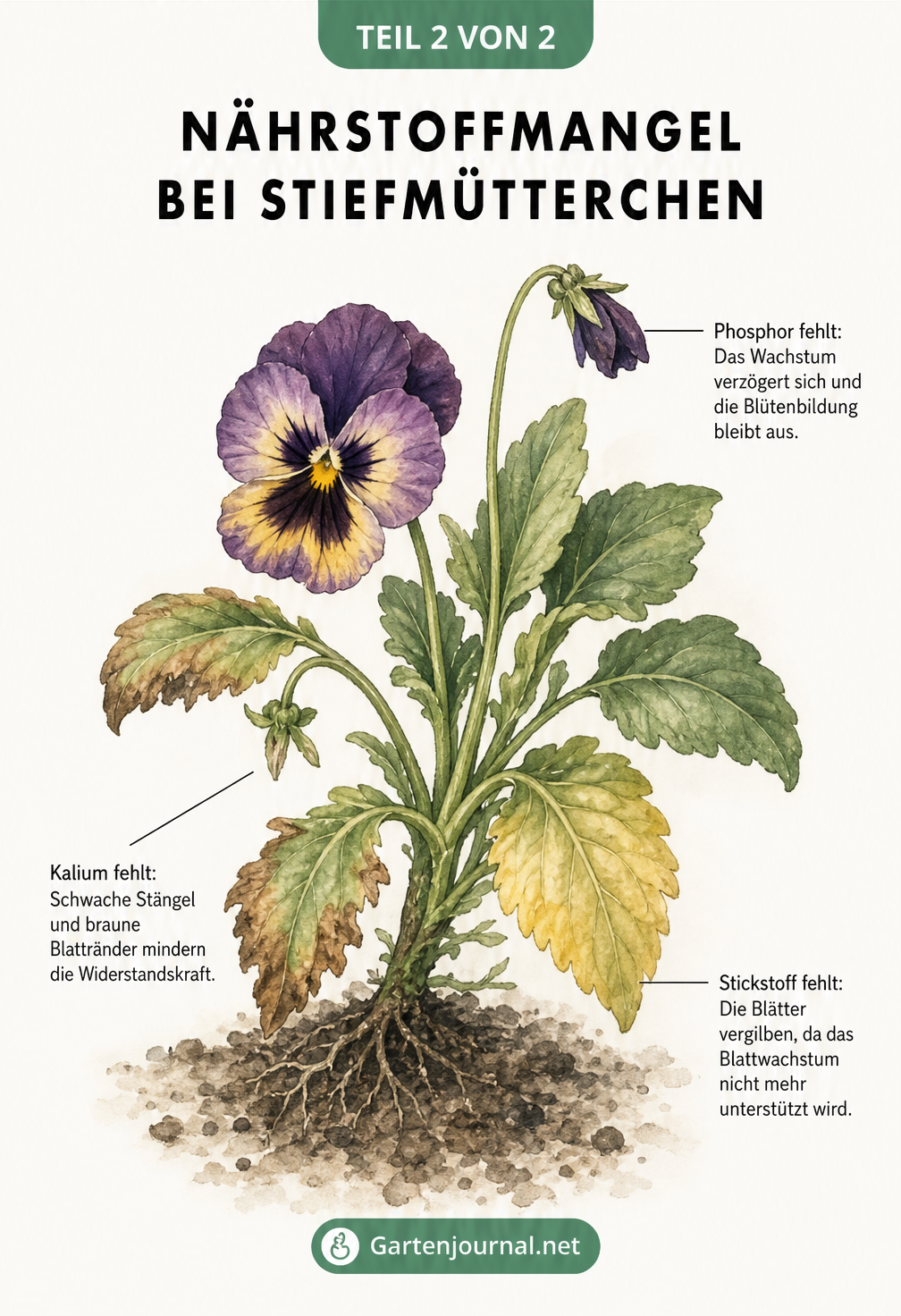 Illustration eines Stiefmütterchens mit typischen Schadbildern bei Nährstoffmangel