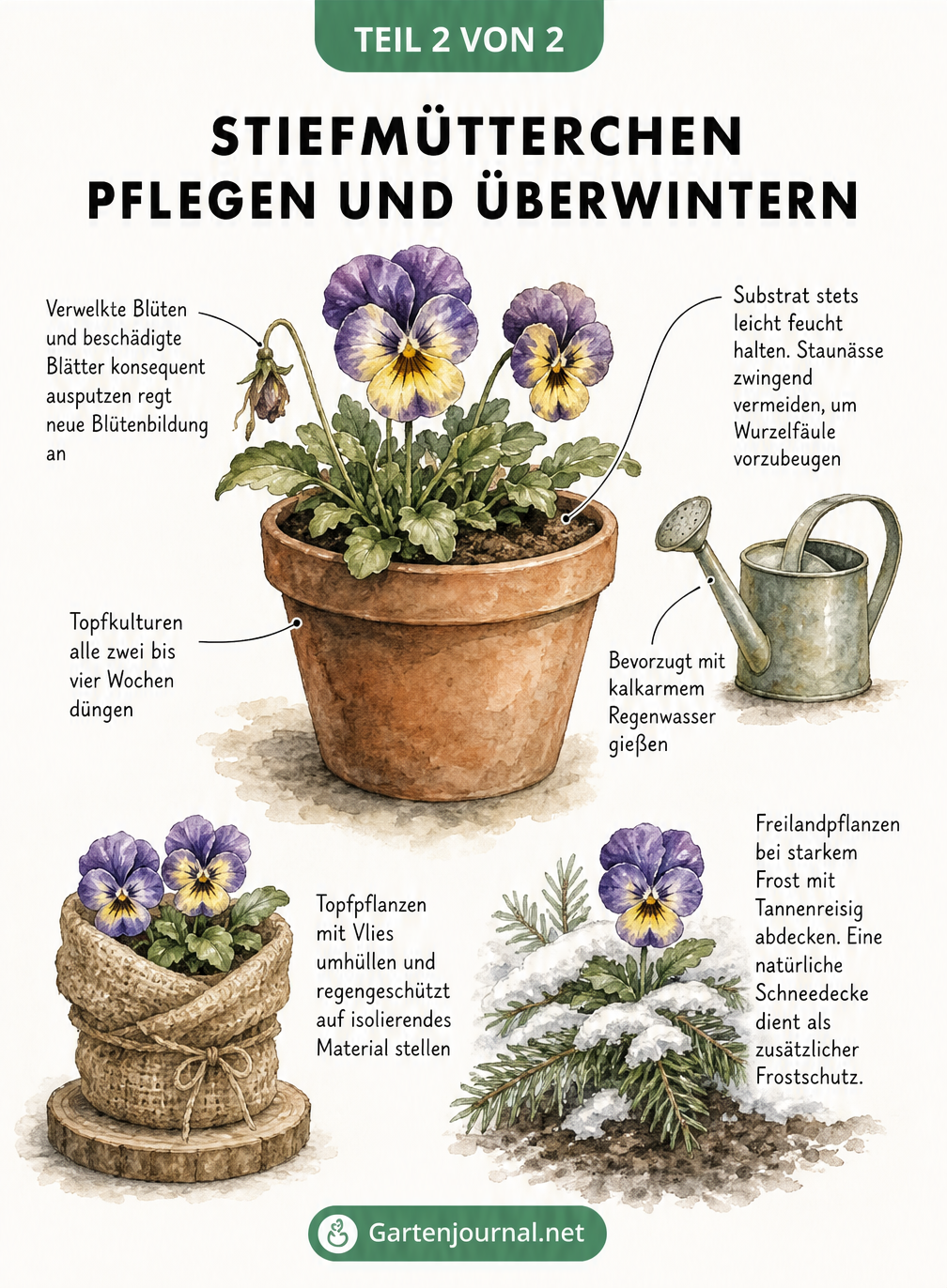 Illustration zur Pflege und Überwinterung von Stiefmütterchen im Topf und Freiland