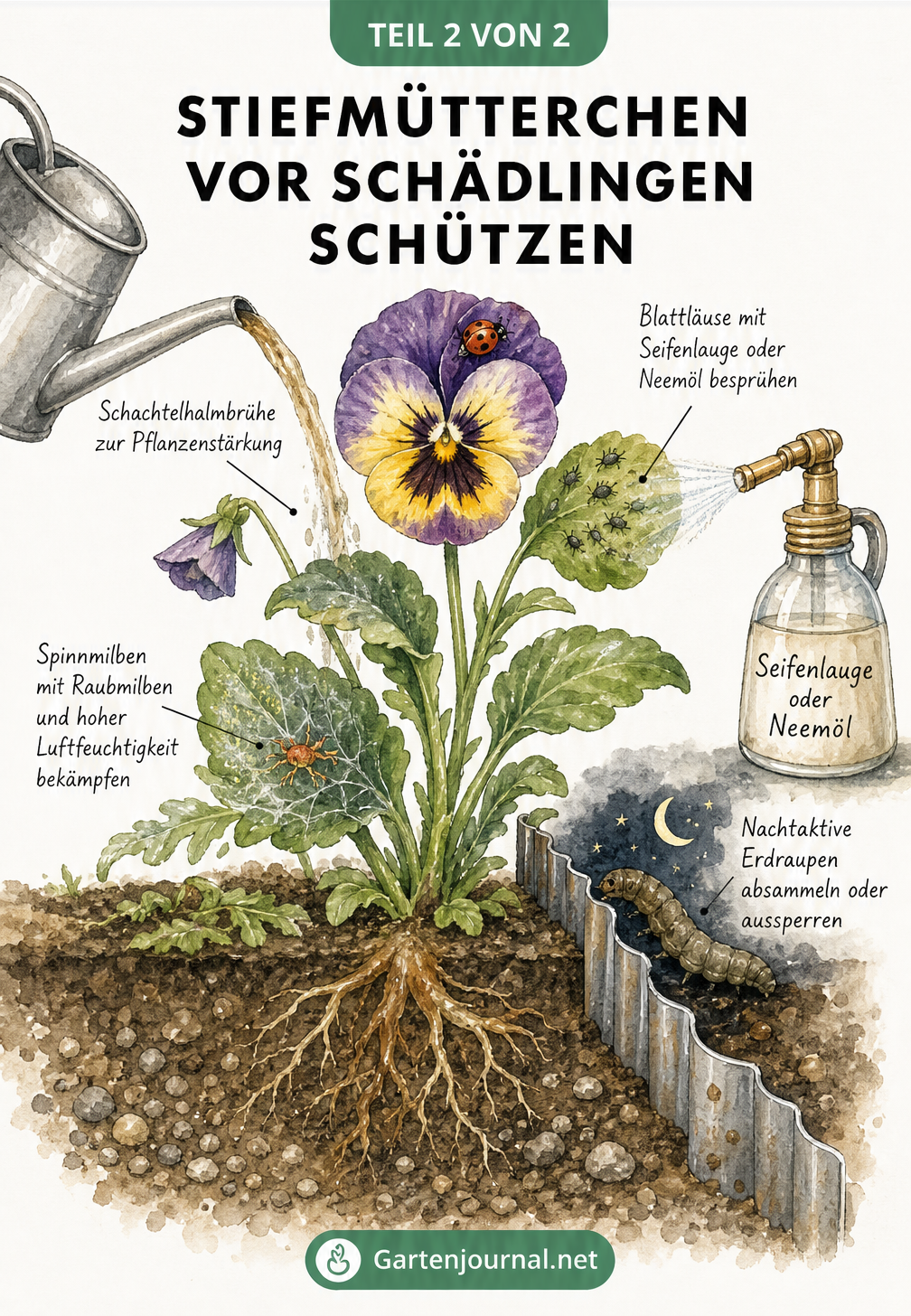 Aquarell-Zeichnung eines Stiefmütterchens mit Blattläusen, Spinnmilben und Erdraupen sowie natürlichen Gegenmaßnahmen wie Neemöl und Schneckenzaun