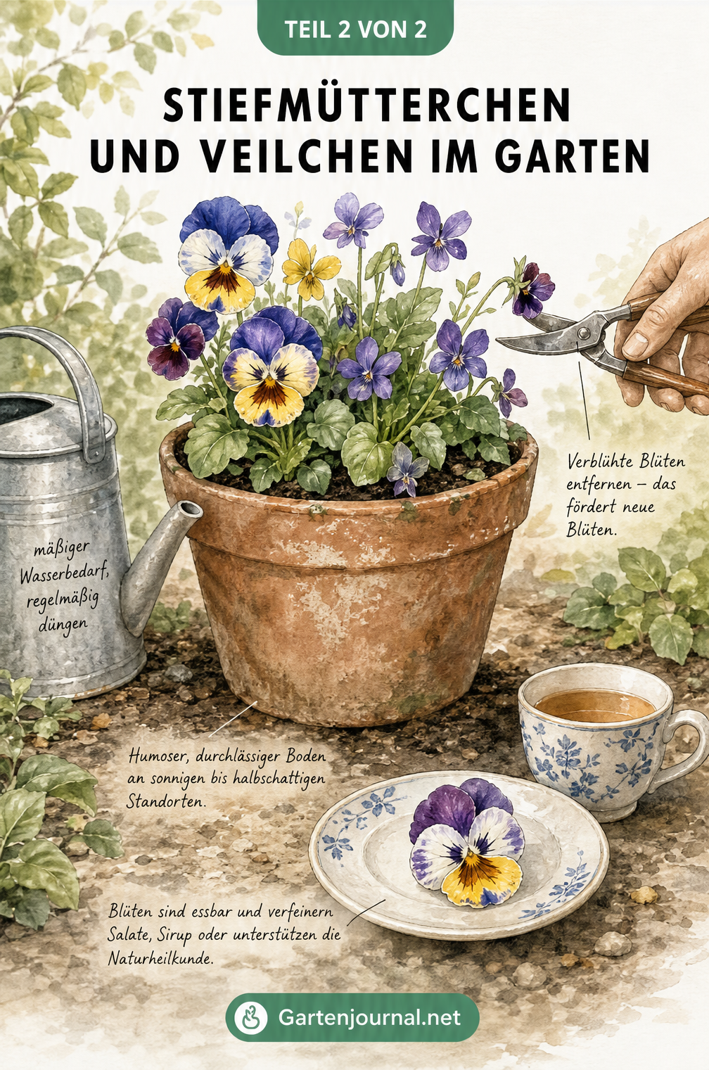 Illustration eines bepflanzten Terrakotta-Topfes mit Stiefmütterchen und Veilchen sowie Pflegetipps