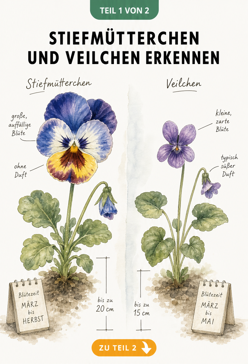 Botanische Illustration von Stiefmütterchen und Veilchen mit Größenvergleich und Blütezeit
