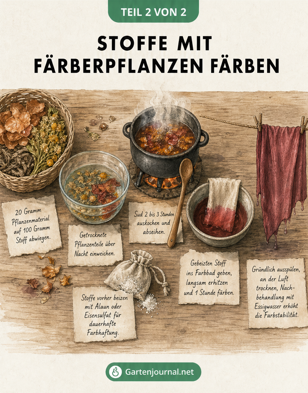 Illustration einer rustikalen Werkbank, die den Prozess des Färbens von Stoffen mit Pflanzenmaterial zeigt