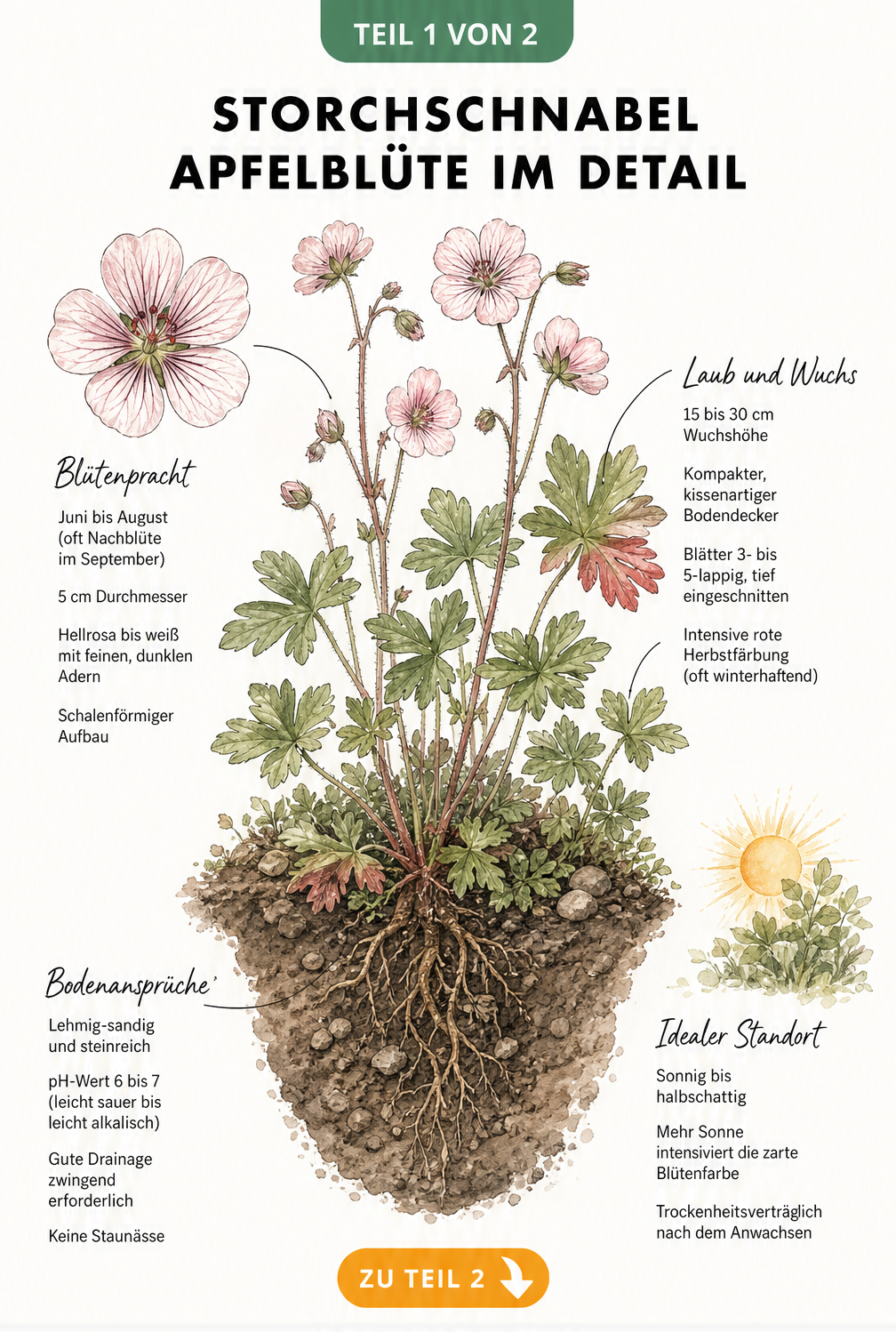 Botanische Illustration des Storchschnabels Apfelblüte mit Details zu Blüten, Blättern, Wuchs und Bodenansprüchen