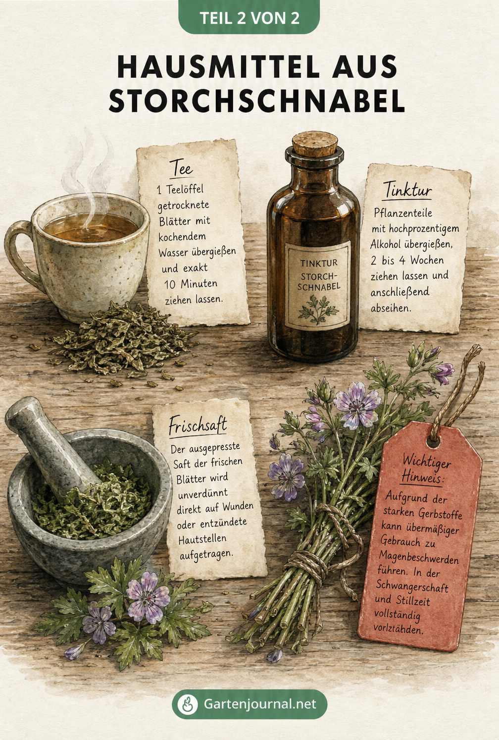 Aquarell-Illustration von Hausmitteln aus Storchschnabel: Tee, Tinktur, Frischsaft und getrocknete Blätter