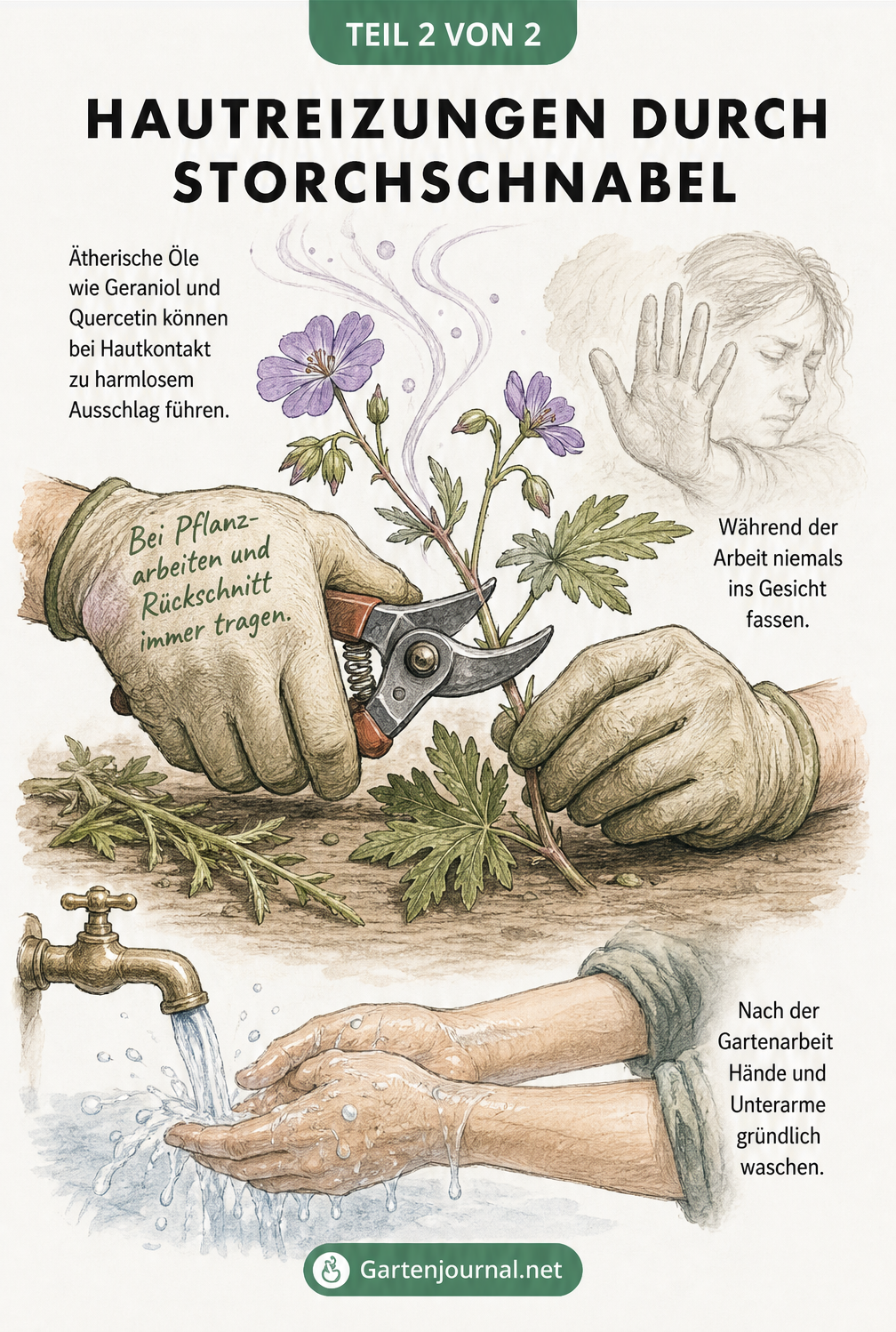 Illustration von Händen in Gartenhandschuhen, die einen Storchschnabel schneiden, mit Hinweisen zu möglichen Hautreizungen durch ätherische Öle.