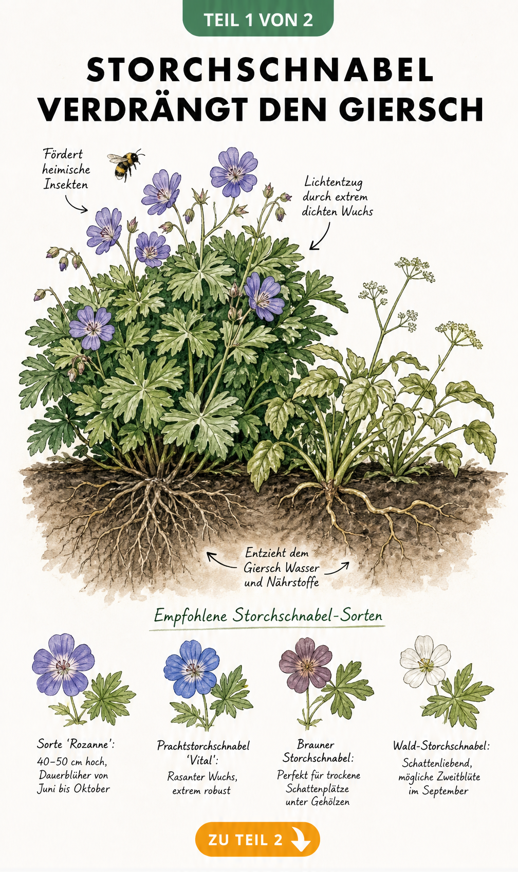 Botanische Illustration: Storchschnabel verdrängt Giersch durch dichten Wuchs und Wurzelkonkurrenz, umgeben von vier geeigneten Sorten.