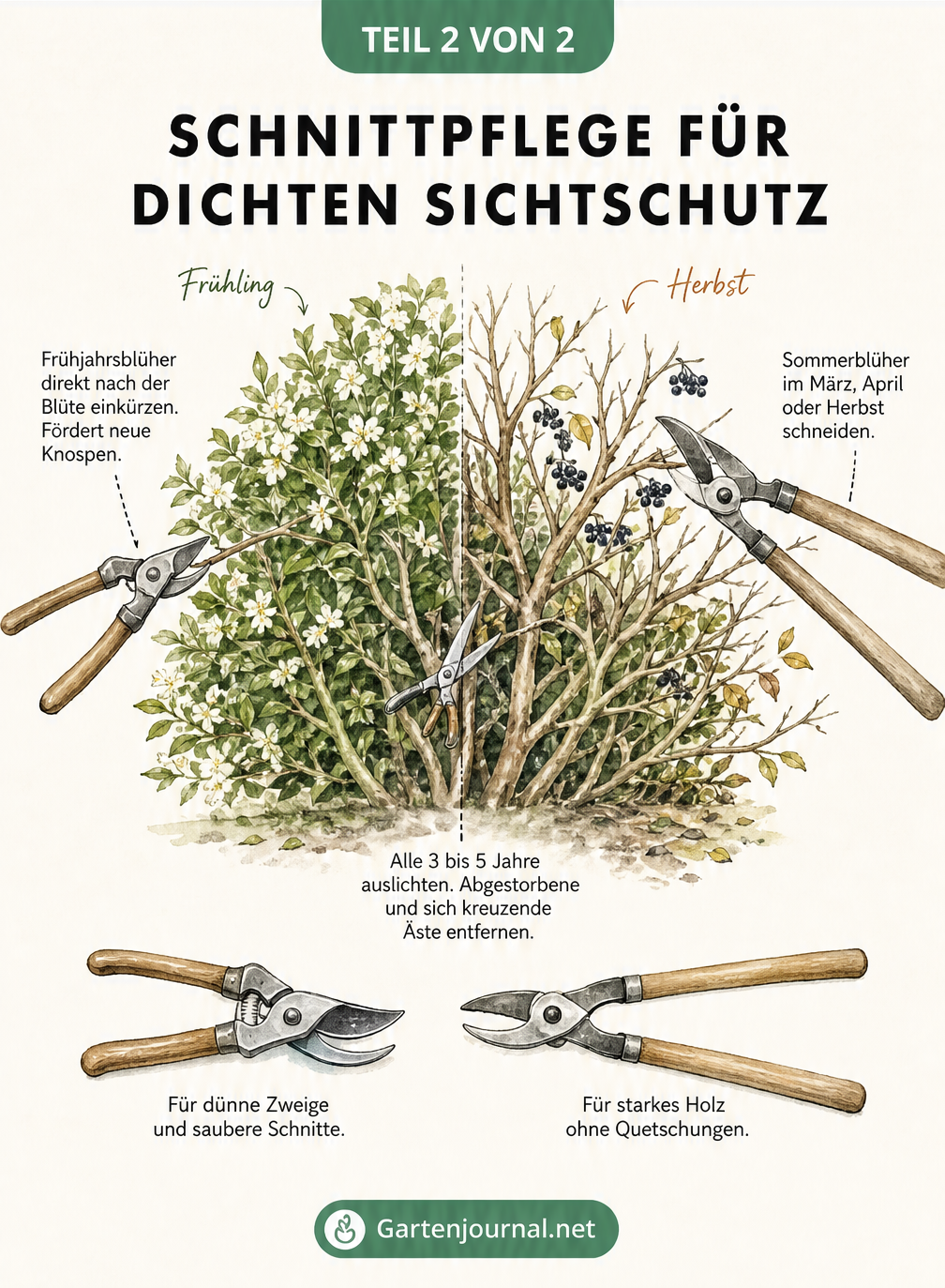 Illustration eines Strauches im Querschnitt mit Tipps zum richtigen Rückschnitt für Frühjahrs- und Sommerblüher sowie zum Auslichten.