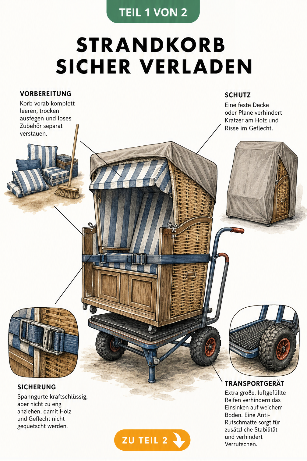 Skizze eines Strandkorbs auf einer Sackkarre mit Hinweisen zu Vorbereitung, Schutzplane, Spanngurt und großen Reifen