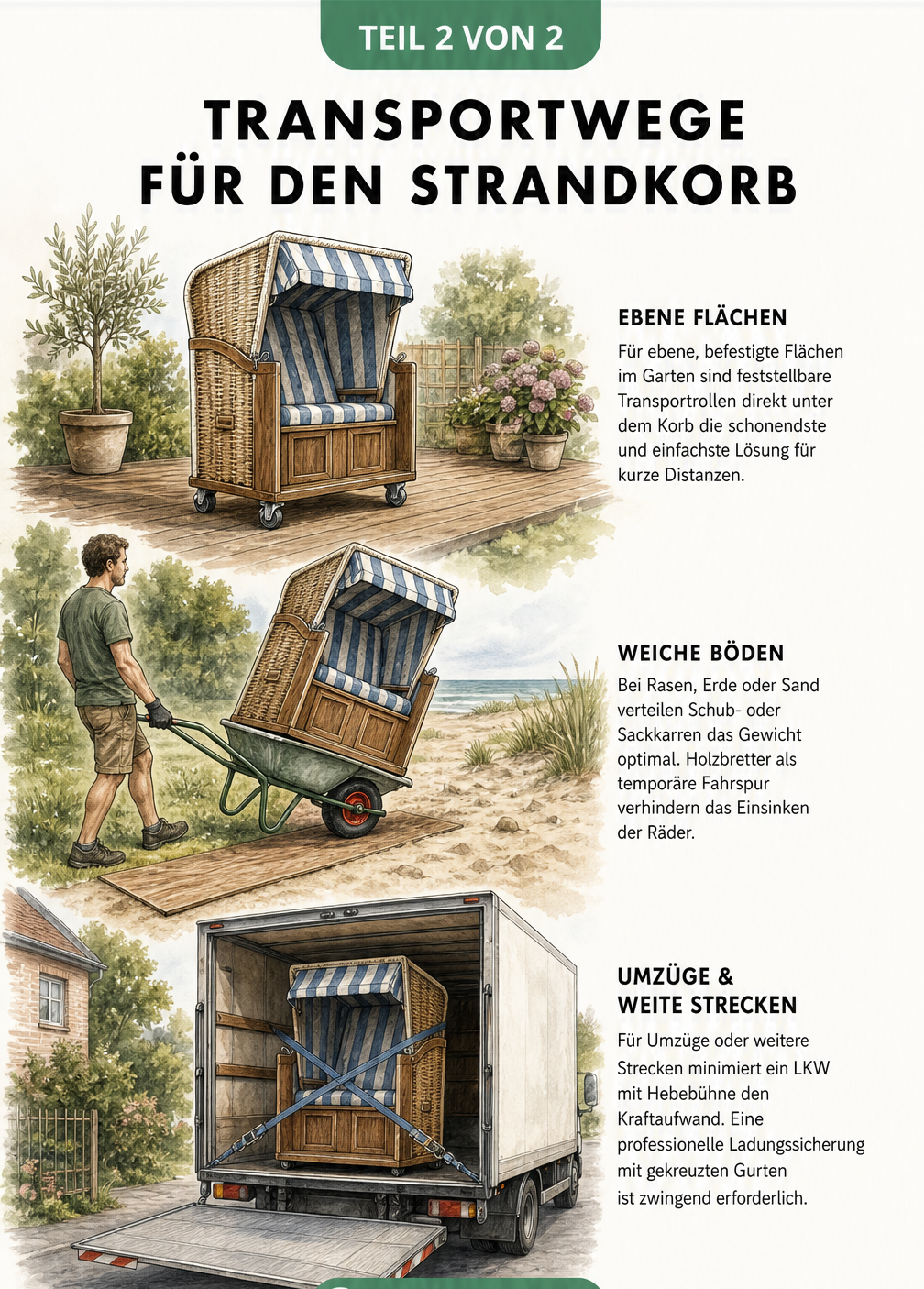 Illustration verschiedener Transportwege für Strandkörbe: Holzterrasse mit Rollen, Rasen und Sand mit Schubkarre, Straße mit Transporter