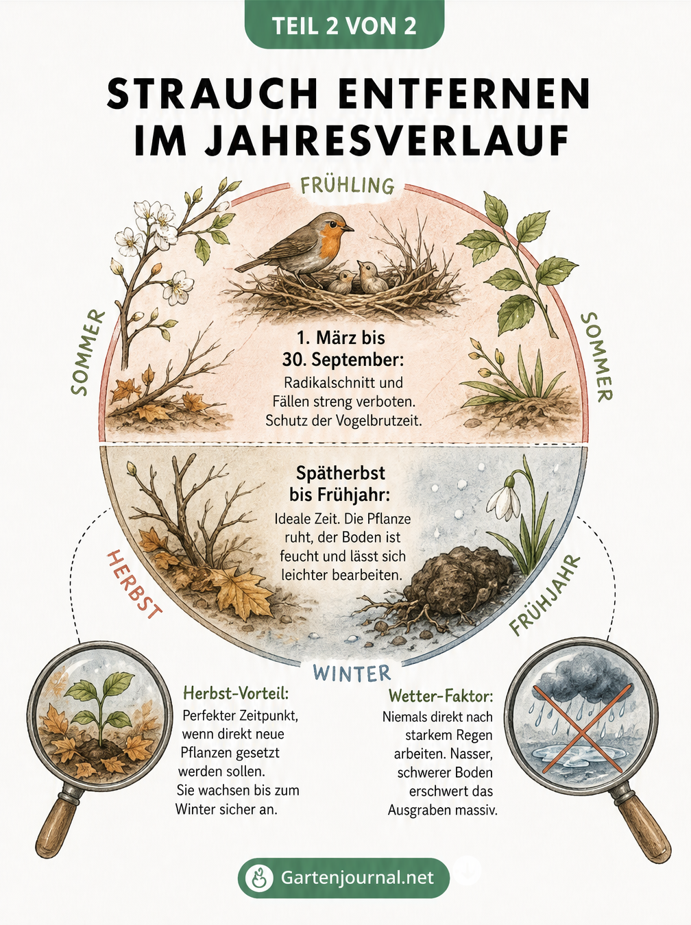 Jahreskreis-Illustration, die zeigt, wann Sträucher entfernt werden dürfen: Spätherbst bis Frühjahr ist ideal, März bis September wegen Vogelschutz verboten.